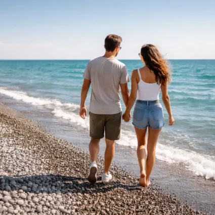 Пара прогуливается по берегу озера Алаколь, фото Inju Luxury Residence