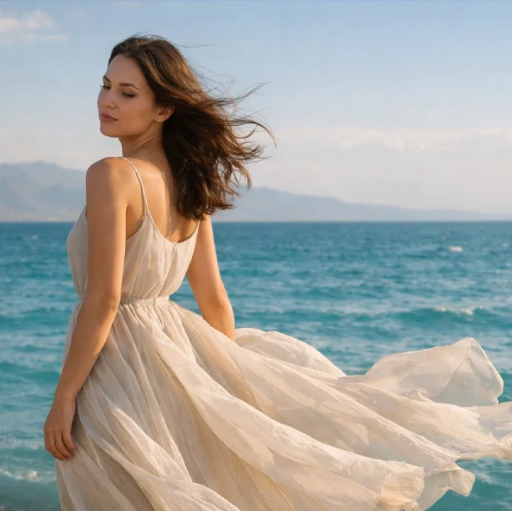 Девушка позирует на фоне озера Алаколь, фото Inju Luxury Residence