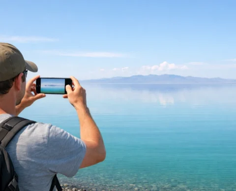 Турист фотографирует озеро Алаколь, фото Inju Luxury Residence