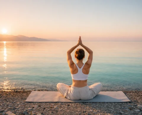 Девушка занимается йогой на берегу озера Алаколь